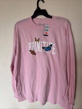 Primitive Kids Long Sleeve Pink Tee with Blue, Orange & Yellow Butterflies